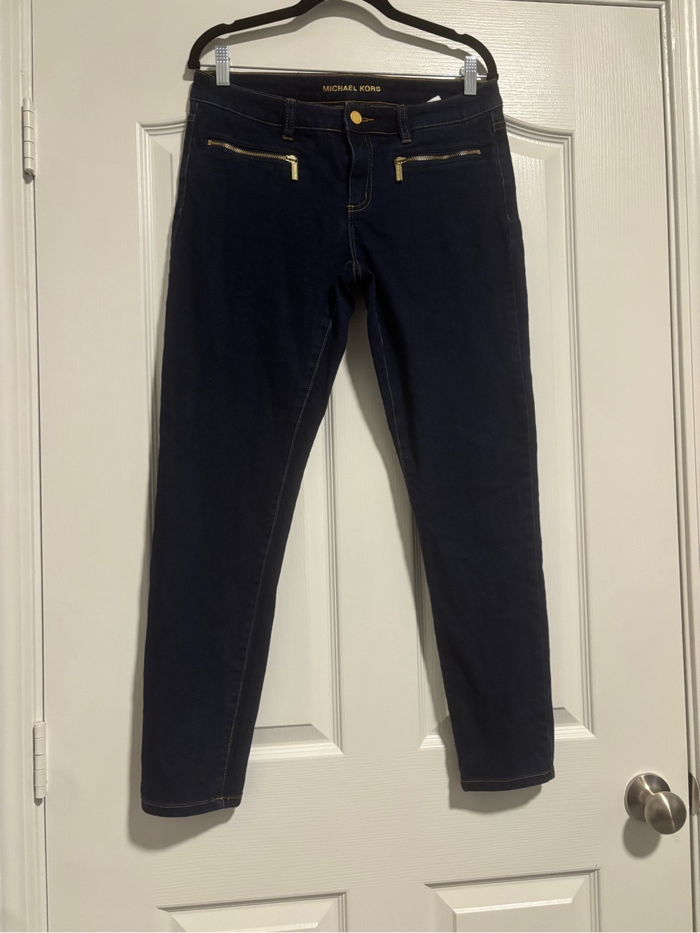 Michael Kors Navy Skinny Jeans with Gold Zip Accents